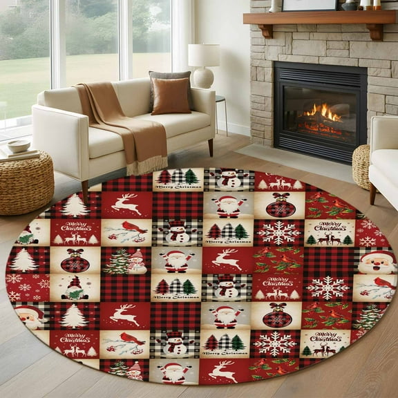 Christmas Plaid Round Rug 5ft Washable Circle Kitchen Rugs Non Slip Xmas Tree Snowflake Snowman Vintage Red Large Area Rug Indoor Floor Carpet for Bedroom Living Room Home Office Dining Room Nursery