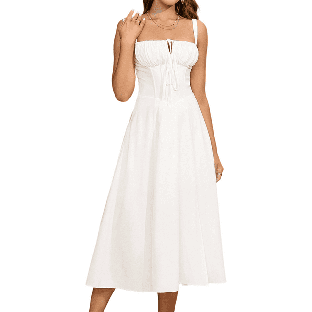 Robe Corset Midi Fluide Fendue à Lacets Robes pour Femmes Thé en Ligne Décontractée Robe d'Été Blanche m
