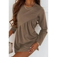 thumbnail image 2 of Solid Color Round Neck Long Sleeves Pleated Design Above Knee Length Dress Brown Small, 2 of 3