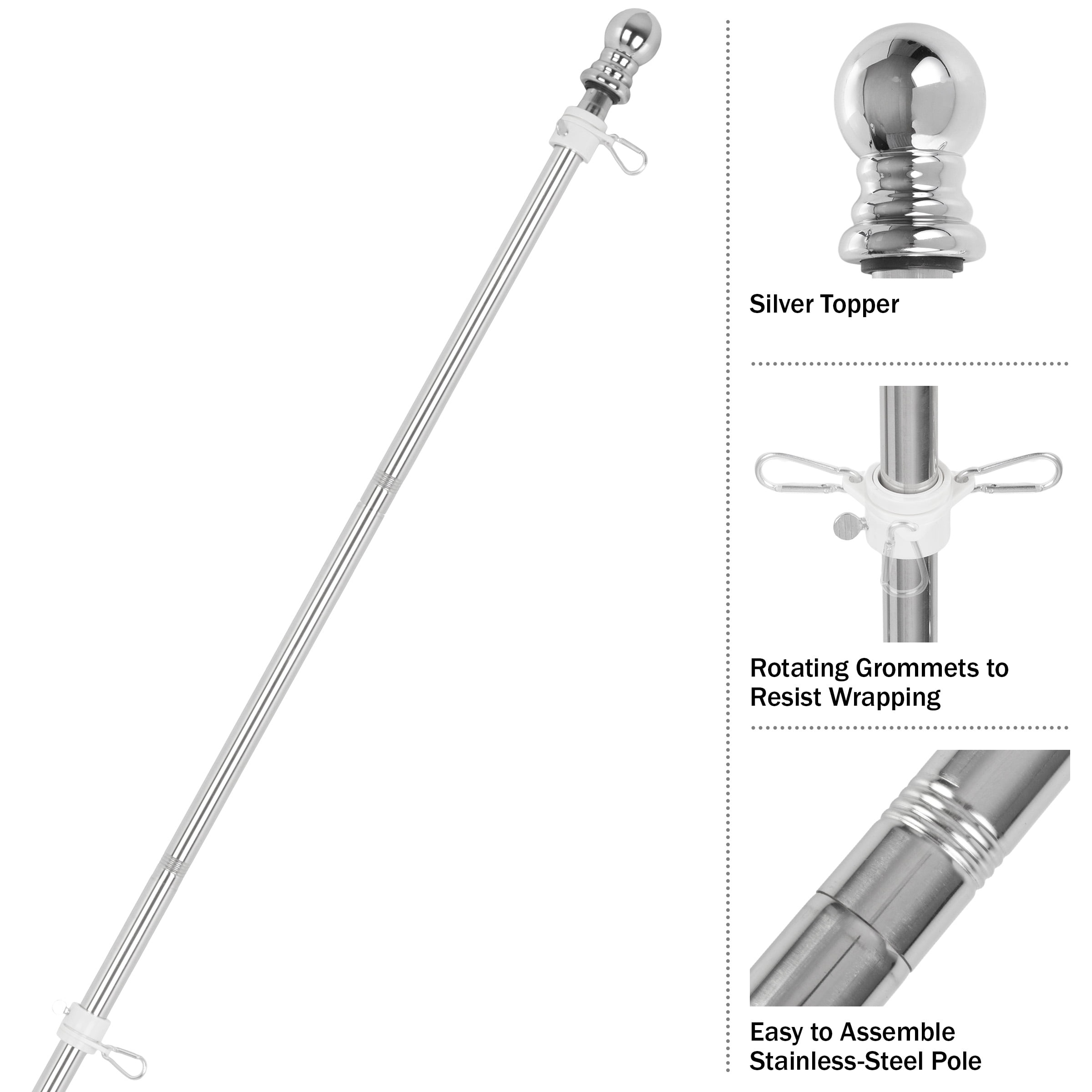 Pure Garden 6ft Stainless-Steel Flag Pole Kit with Rotating Rings, Silver