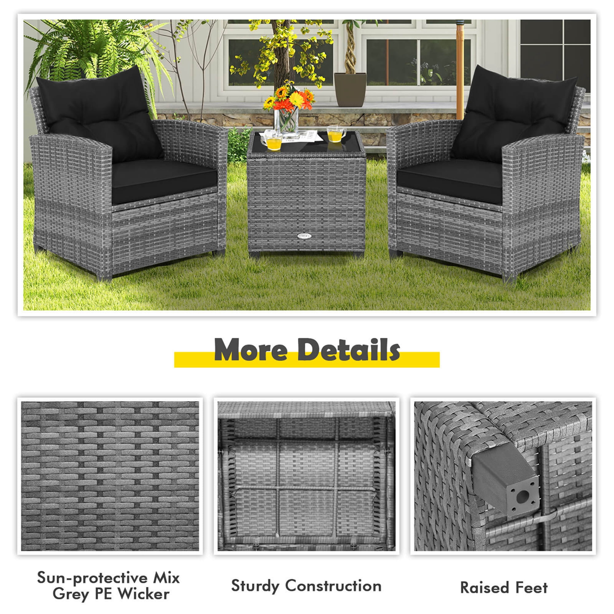 Costway Patio 3-Piece Rattan Bistro Set with Cushioned Sofas, Side Table, and Armrests, Black