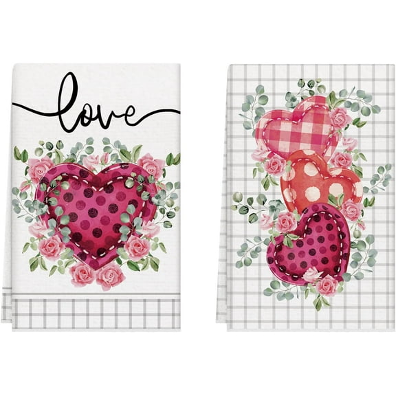Valentines Day Plaid Romantic Love Hearts Eucalyptus Leaves Kitchen Towels Dish Towels 18x26 Inch Home Decorations Hand Towels Set of 2 Drying Dishcloth