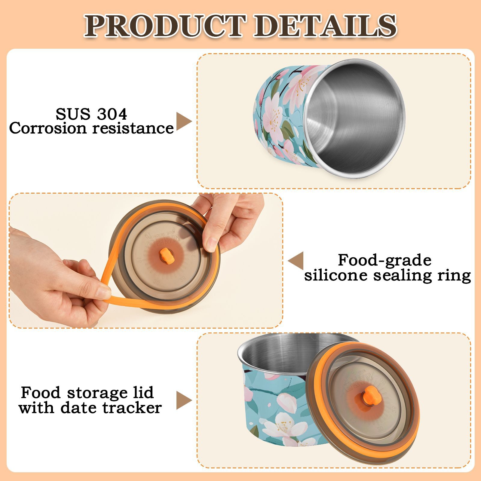 Cherry Blossom Pattern Airtight Coffee Bean Canister 30oz Food Storage Containers with Lids For Gournd, Tea, Sugar, Flour, Rice, Cereal, Candy Cookie Jar