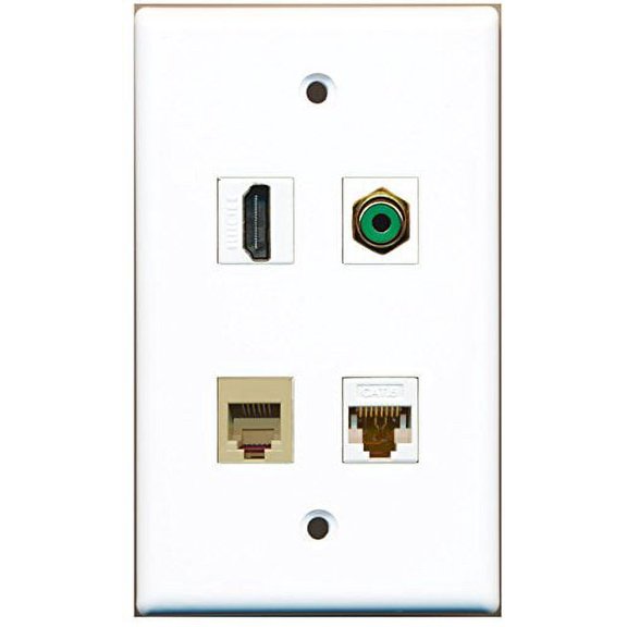 RiteAV - 1 Port HDMI 1 Port RCA Green 1 Port Phone RJ11 RJ12 Beige 1 Port Cat6 Ethernet White Wall Plate