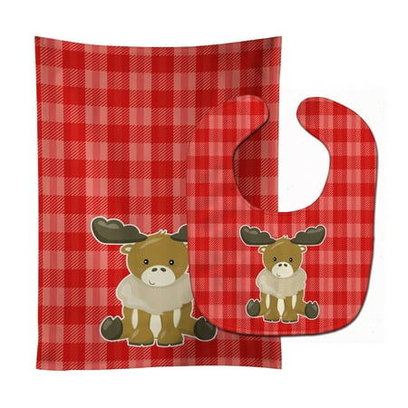 - Moose on Red Plaid Baby Bib & Burp Cloth