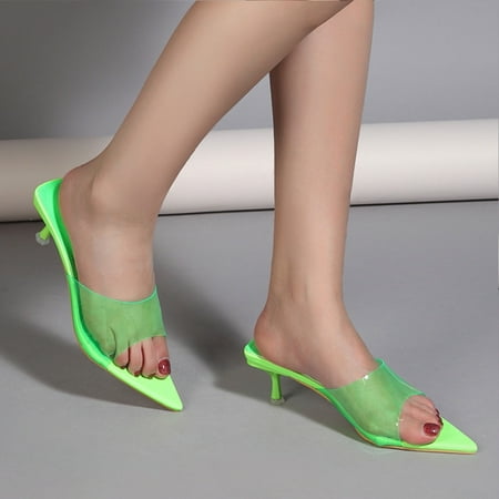 

YANHOO Women s Mule Slide Sandals Low Kitten Heels Pointed Toe Clear Single Band Slip On Sandals