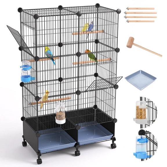 Bird Cage, with Wooden Perches, Metal Parakeet Cage with Slide-Out Tray