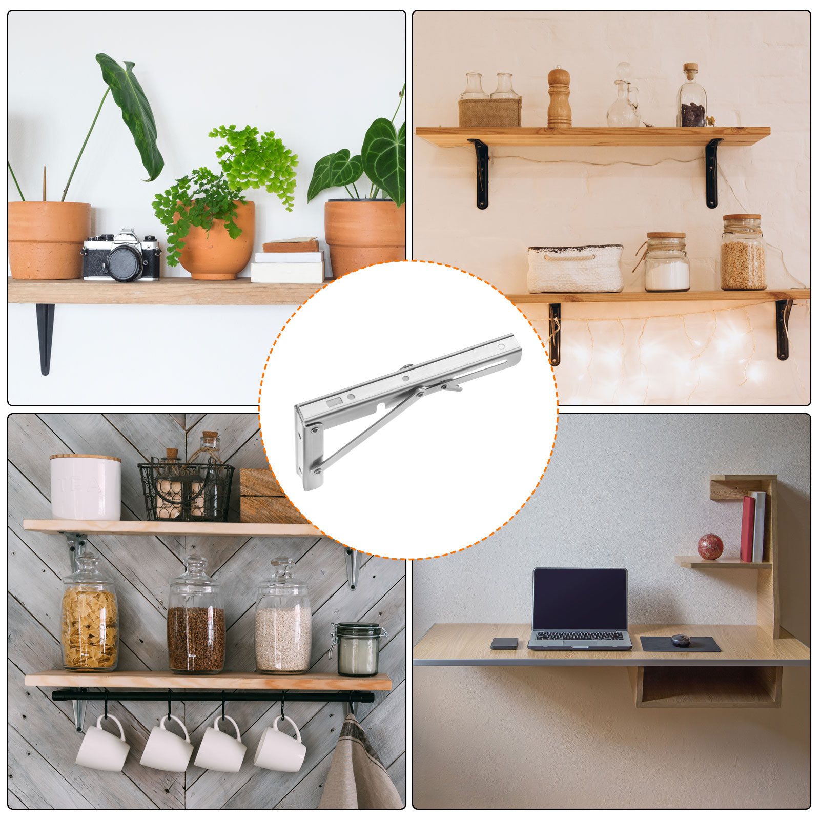Uxcell 2 Pcs Folding Shelf Brackets, 8 Inch Stainless Steel Collapsible Shelf Bracket, L Shelf Bracket, Silver