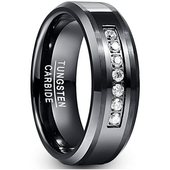 8mm Black Tungsten Rings Men's Cubic Zirconia Wedding Bands Eternity Ring Beveled Edges