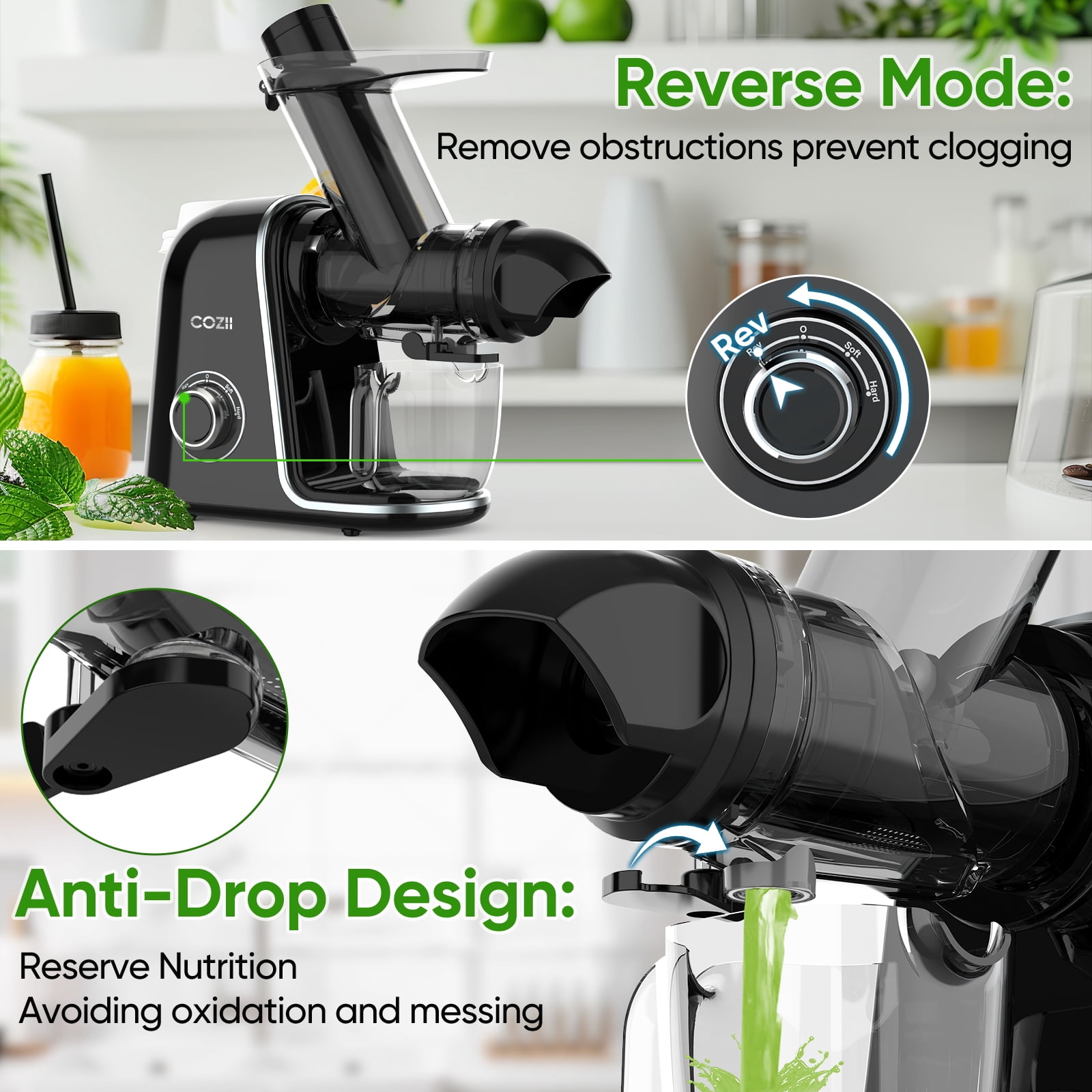 COZII Slow Masticating Juicer Extractor Soft/hard Mode & Quiet Motor, Cold press juicer machine 3.6 Inch Large Feed Chute For Vegetable and Fruit, Easy to Clean, Dishwasher Safe, High Juice Yield