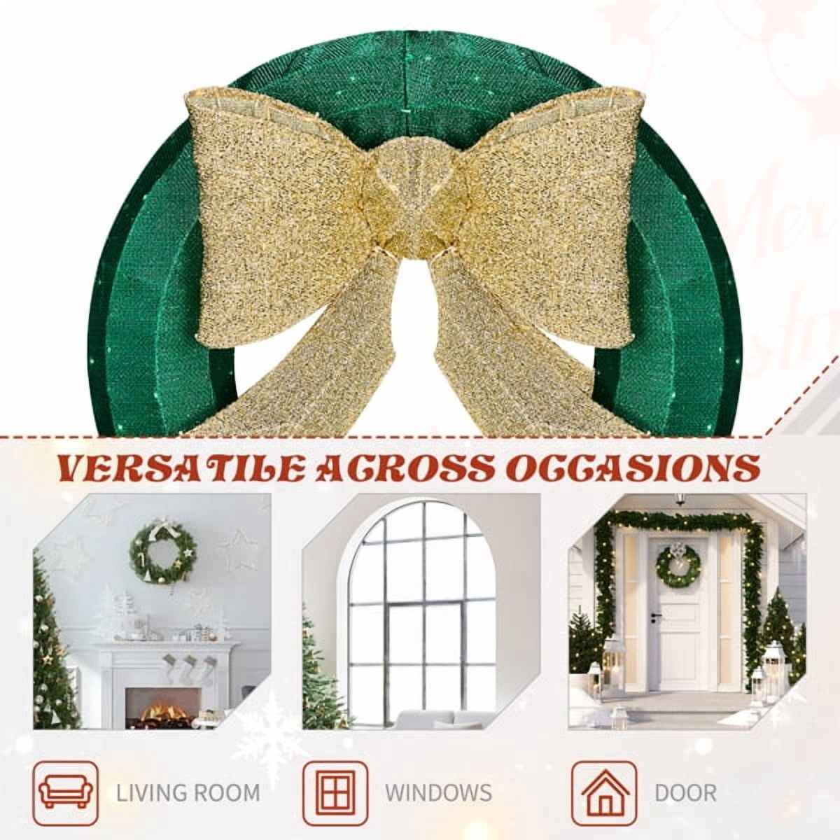 Alvantor 24 in Pre-Lit Christmas Wreath with 200 Green and Warm White LED Lights, Golden Bow and Weather-Resistant Metal Frame