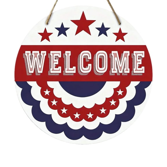 Memorial Day Saving!4th of July Decorations, Patriotic Welcome Wooden Door Hanger 4th Of July Round Hanging Sign Red White Blue Star Decor For Front Door Porch Wall Independence Day Decoration