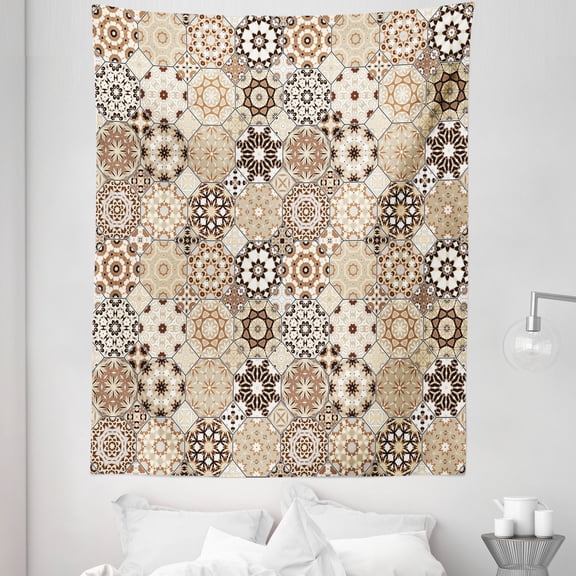 Eastern Tapestry, Octagonal and Square Ornaments Retro Colored Old Fashioned Tile, Fabric Wall Hanging Decor for Bedroom Living Room Dorm, 5 Sizes, Dark Brown Pale Brown, by Ambesonne