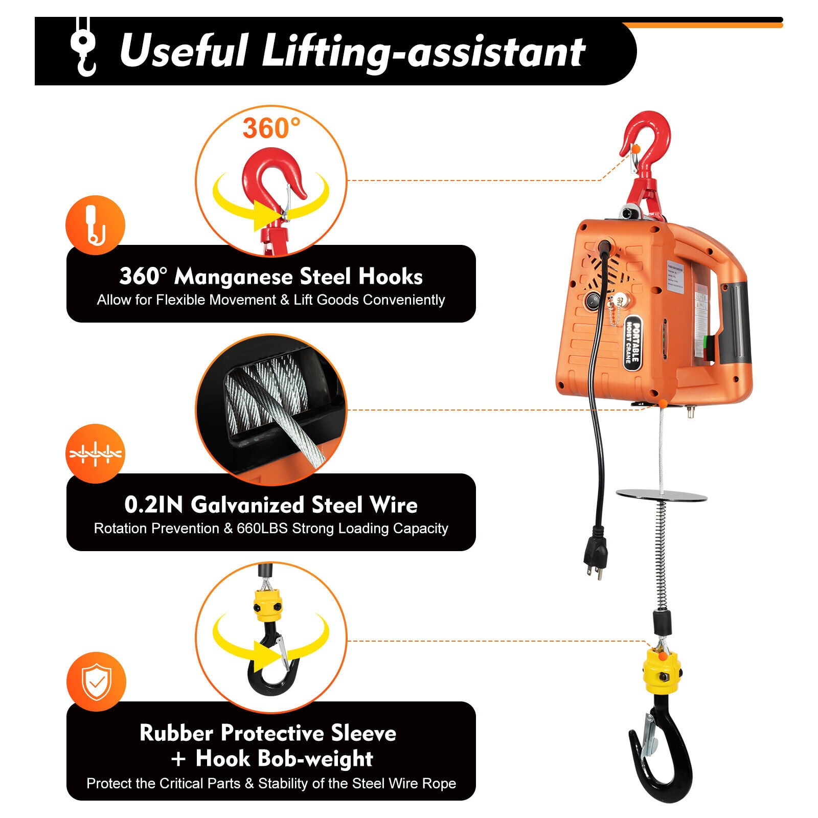 1500W 660 lbs Electric Hoist Winch Engine Crane Overhead Lifting Wireless Remote for factories, warehouses