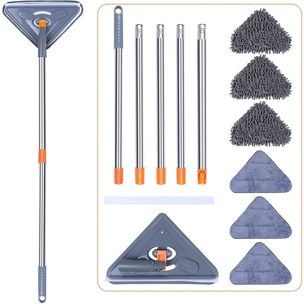 Muyoka Fregona de pared con mango largo, fregona de limpieza de pared de microfibra triangular giratoria de 360 grados Limpiador de fregona de polvo seco y húmedo ajustable para piso, techo, ventana, Muyoka Hogar