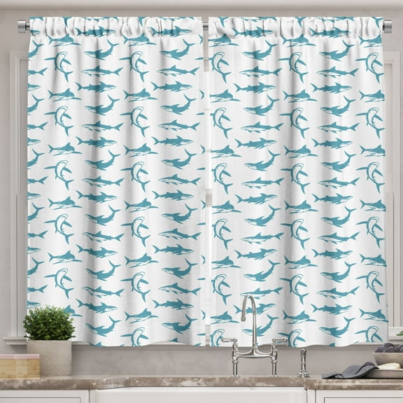 Ambesonne Shark Kitchen Curtains, Scary Predators with Fins, 55"x39", Blue White