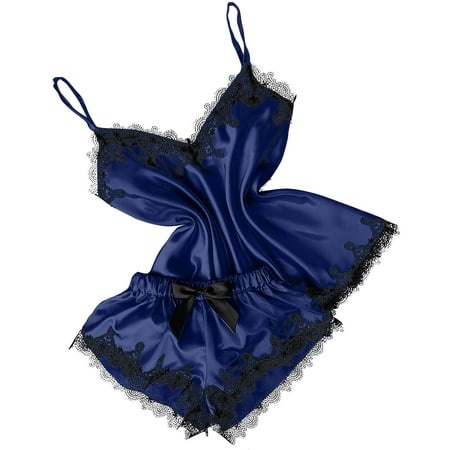

EHTMSAK Womens Cami Top Shorts Lace Pj Set Nightwear Loungewear 2 Piece Sleepwear Pajamas Set Navy 2XL