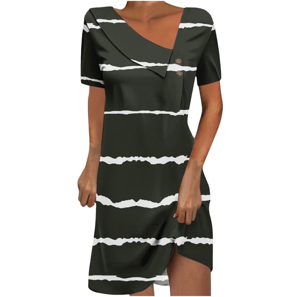 Mini Vestido de Verano de Manga Corta Cuello Redondo Longitud de la Ternera Media, Fluido Impreso Vestido de Verano Corto Casual