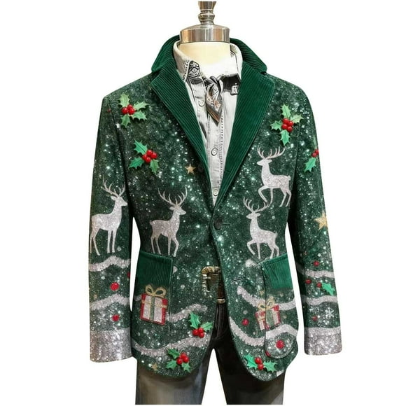 yardsong Vintage Ugly Christmas Sport Coat for Men - Corduroy Lapel One Button Slim Fit Xmas Party Jacket Green,M