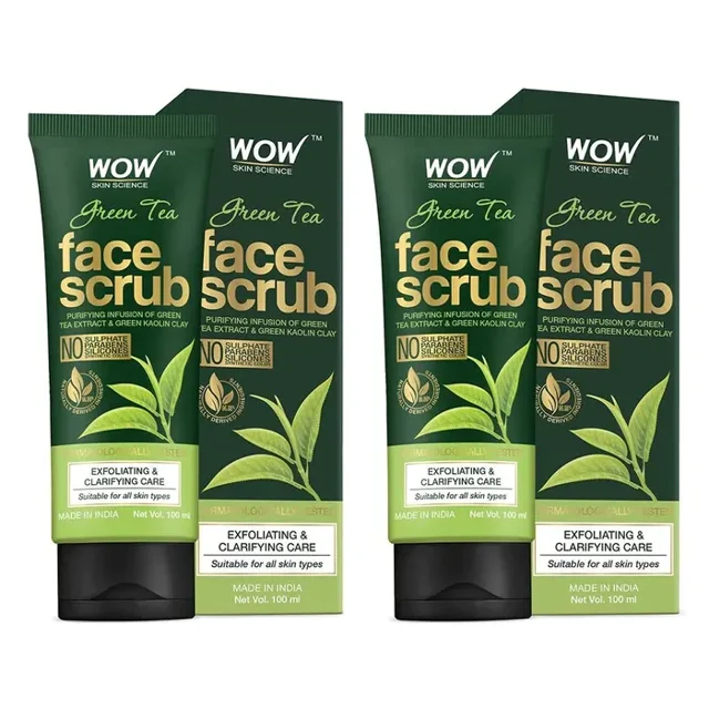 Wow Skin Science Gommage Visage au Thé Vert - avec Extrait de Thé Vert & Argile de Kaolin Vert - 100 ml, Lot de 2