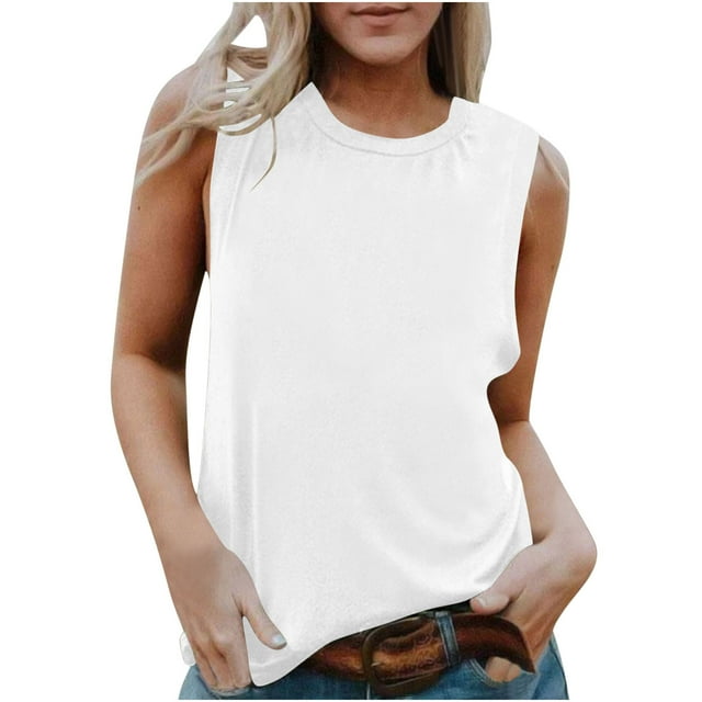 VSSSJ Débardeurs Décontractés pour Femmes Été Col Rond Sans Manches Tunique Ample Couleur Unie T-Shirts Basiques Blanc G