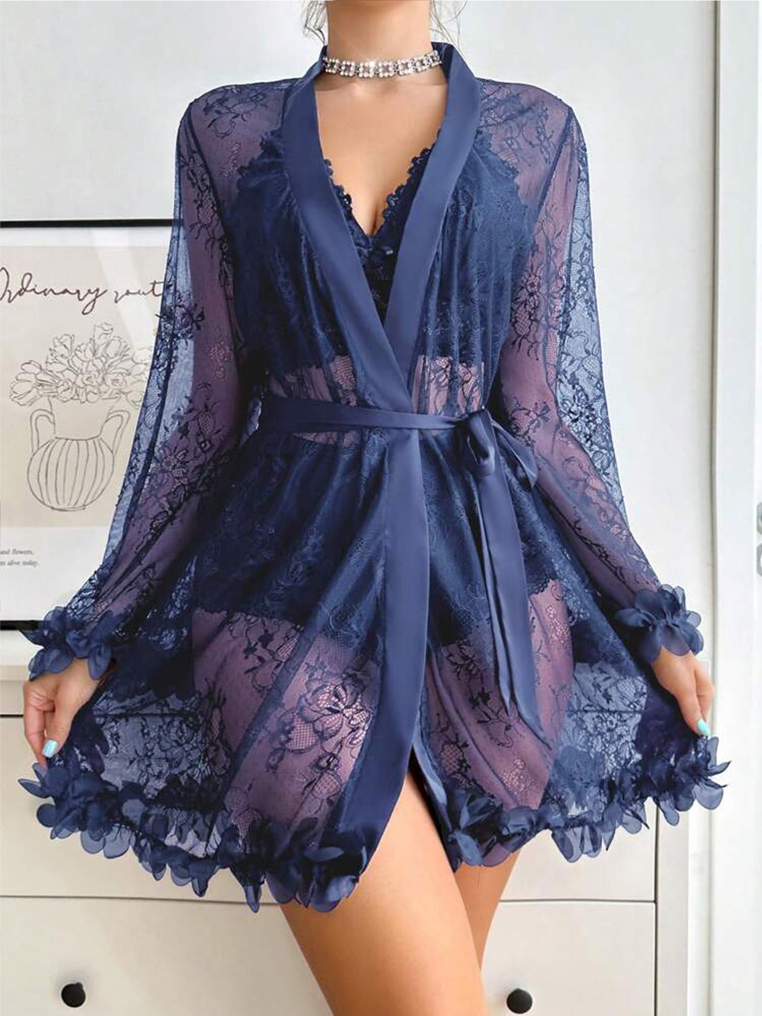 SHOWMALL Women Lingerie Sexy Babydoll Set Lace Chemise Nightgown, 3-Piece Lingerie with Robe Navy Blue 2X