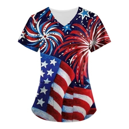

Mlqidk Scrub Tops for Women American Flag Print Stretch Scrubs Top Short Sleeve V Neck Women Stretch Top Independence Day Printing Top Red M