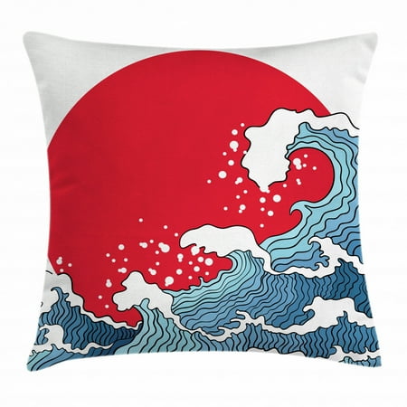 Japanese Wave Throw Pillow Cushion Cover Big Red Sun Setting