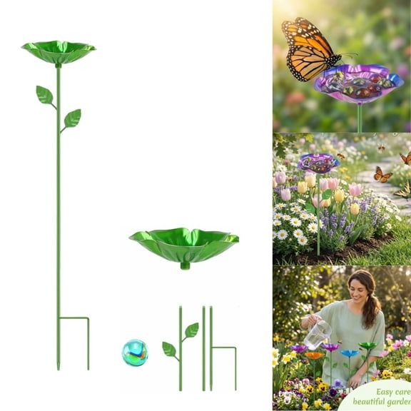 SRVOG Bee Watering Station, Bee Baths for Garden Metal Bee Feeder with Flower Design and Glass Marbles, Butterfly Water Feeder Bowl for Outdoor Garden Yard Decor