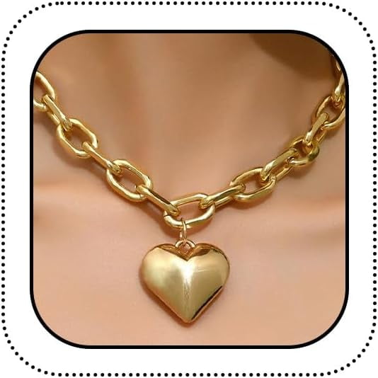 Chunky Large Gold Heart Pendant Thick Chain Necklace for Women Trendy, Statement Punk Big Silver Puffy Polished Love Heart Necklaces Prom Party Jewelry Gifts