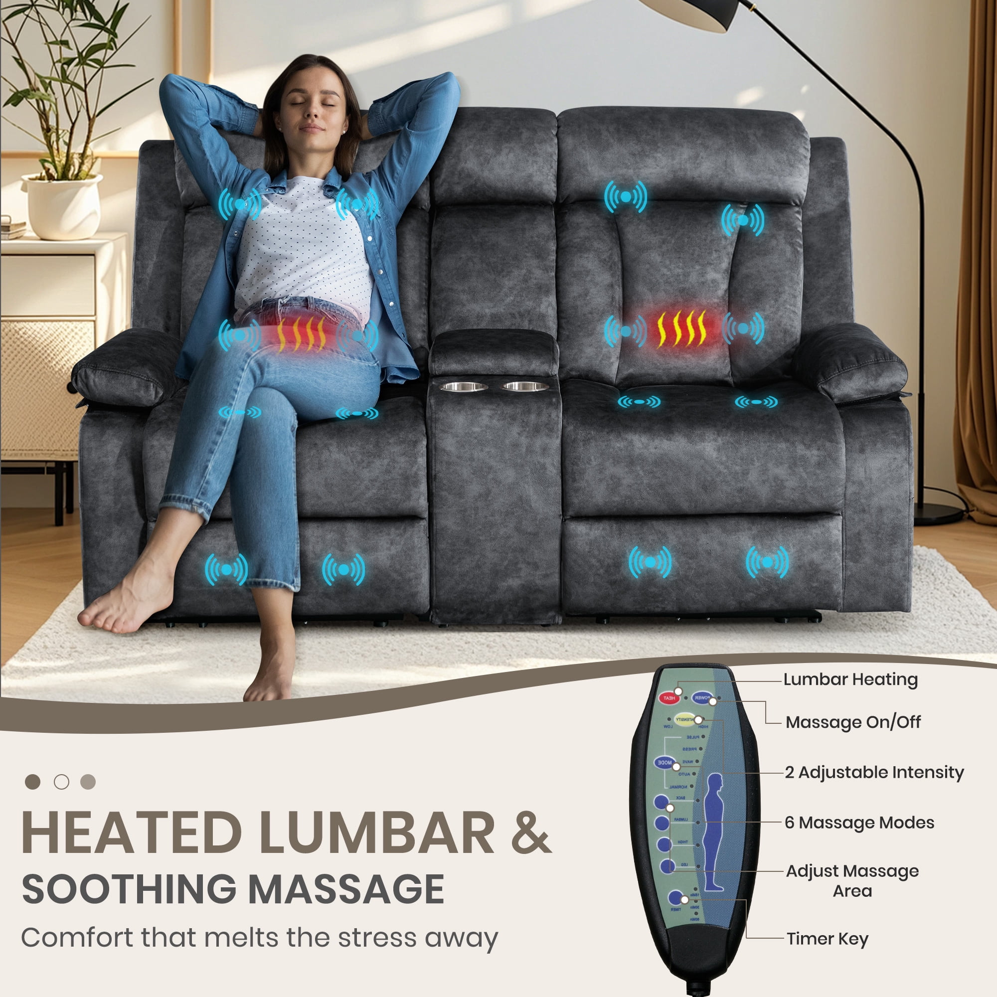 Reclining Loveseat-Power Reclining Loveseat with Console,Double Recliner Loveseat with Heat and Massage,Electric Loveseat Recliner with Cup Holders,USB & Type-C Charge Ports for Living Room,RV