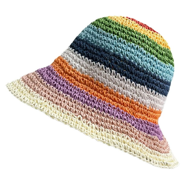 Sombrero de paja arcoíris con circunferencia de la cabeza de 56-58 cm, para mujer, protector solar de verano, para playa, sombrero de pescador, sombrero con rayas que cubre la cara