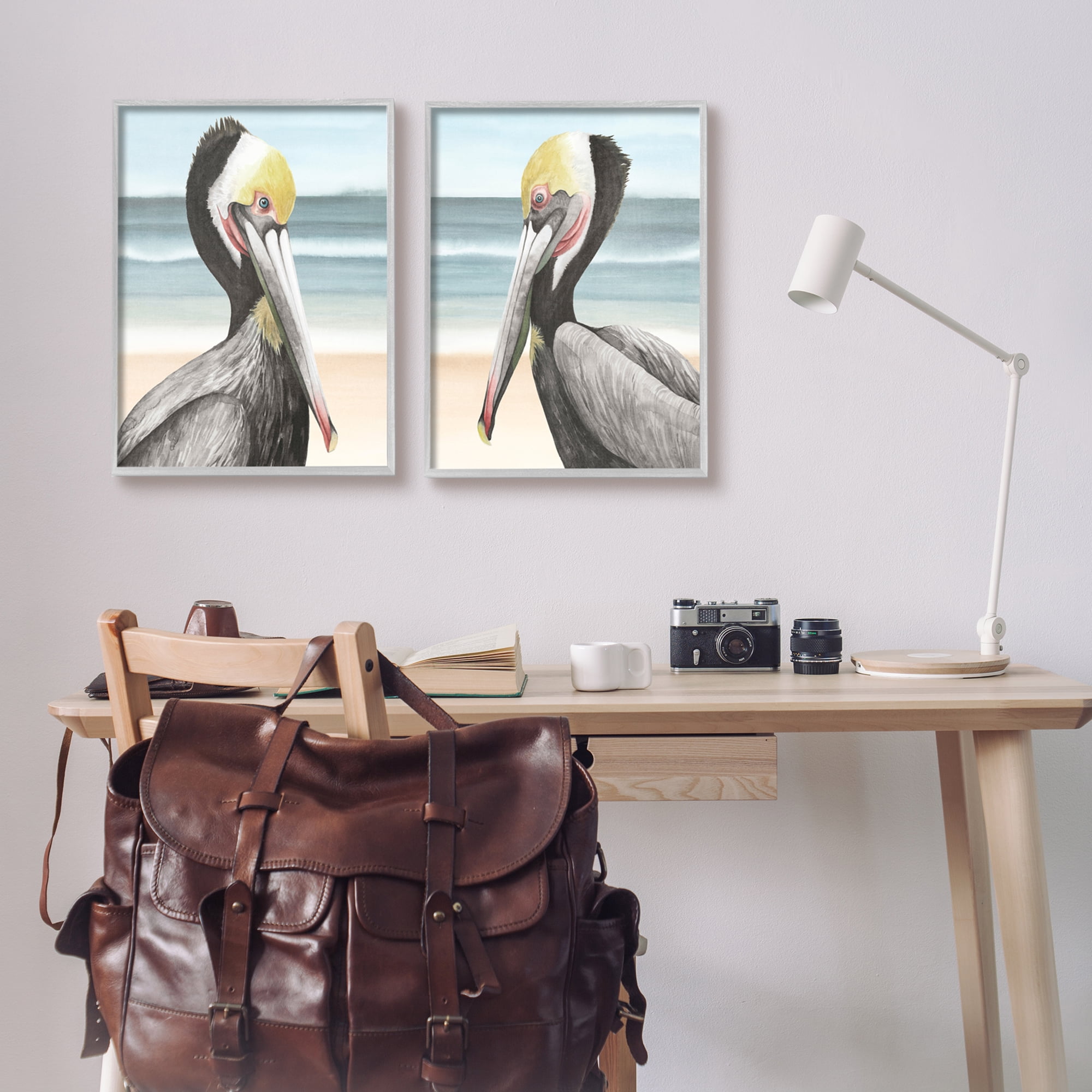 Stupell Industries Pelicans on Beach Animals & Insects Painting Gray Framed Art Print Wall Art, 16 x 20