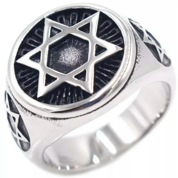 K-KED Mens Stainless Steel Six Point Hexagram Star of David Ring Size 7-13-13-Round Design