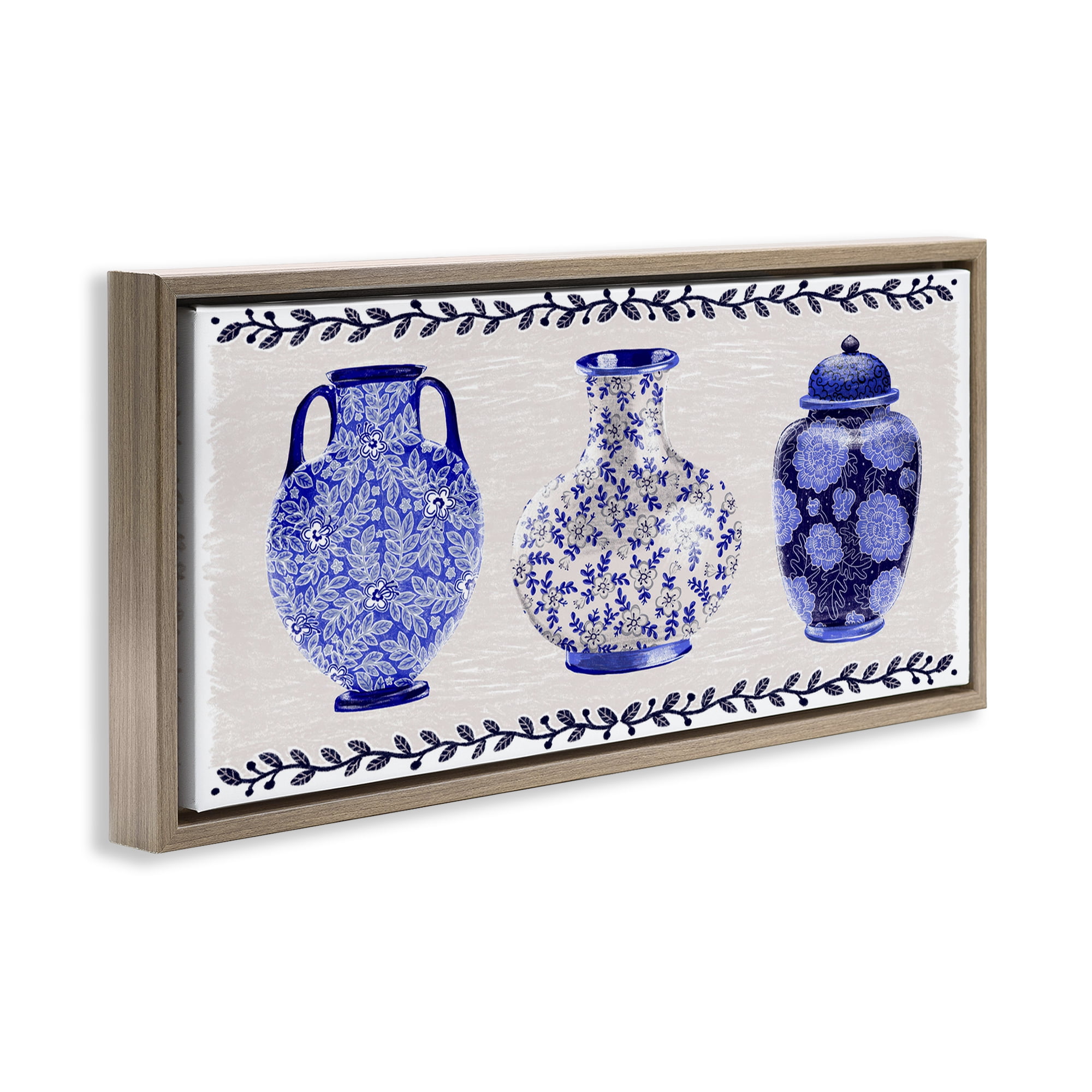 Stupell Industries Traditional Blue Vases Plants & Flowers Painting Brown Floater Framed Canvas Art Print Wall Art, 25 x 11