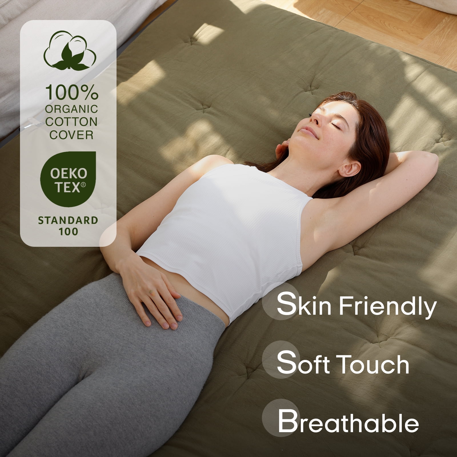 Zonli Japanese Floor Futon Mattress, 2.5" Cotton Folding Tatami Pad, Queen 80"x60", Green