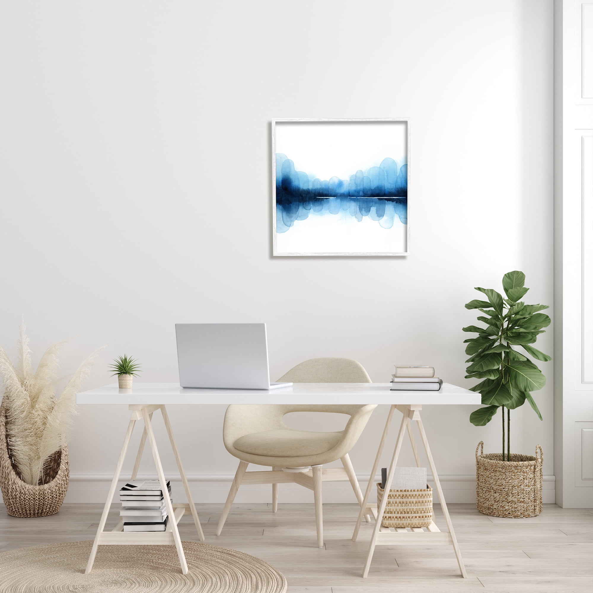 Stupell Industries Blue Arch Asymmetrical Reflection Abstract Shapes over White Abstract Painting White Framed Art Print Wall Art, 24 x 24