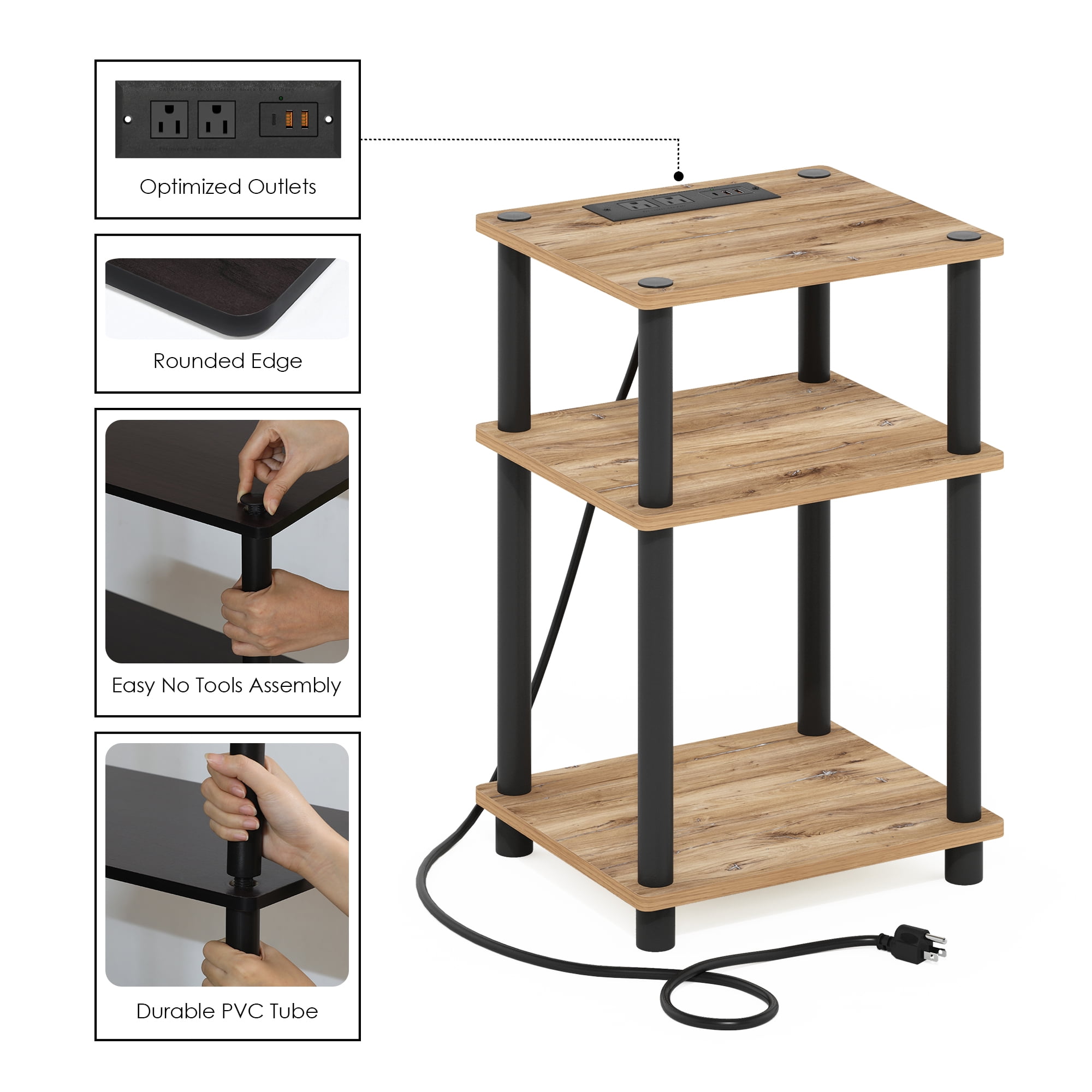 Furinno Just 3-Tier Turn-N-Tube USB and Type-C Charging Port End Table with Open Storage, Flagstaff Oak/Black