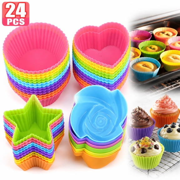 Silicone Cupcake Liners for Baking, 24-Piece Reusable Non-Stick Muffin Cups Set with 4 Shapes (Round, Stars, Hearts, Flowers) | Dishwasher Safe, BPA Free, Greaseproof Baking Molds