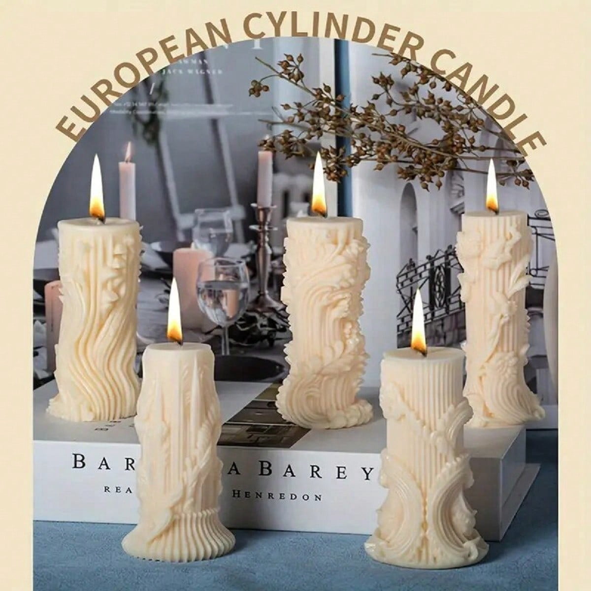 5PCS Silicone Candle Molds Set, 3D Baroque Irregular Shaped Molds Silicone, European Cylinder DIY Resin Wax Molds for Soap Candle Making, Home Decoration