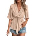 thumbnail image 3 of Casual Tops para Mujer Casual de encaje de la mujer floja Patchwork de rayas botón de cuello redondo de manga corta Top de moda de impresión de rayas camisas ligeras, 3 of 8