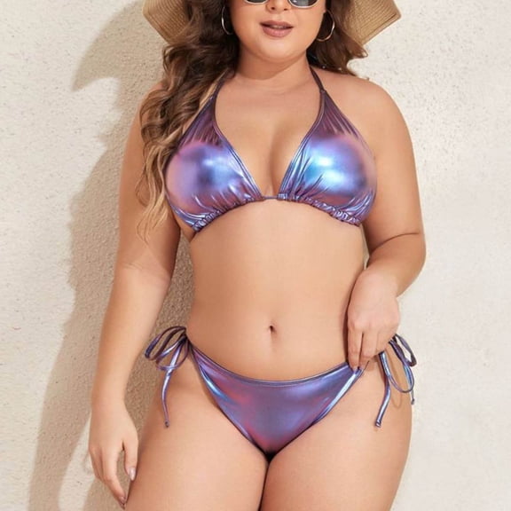 String Bikini Swimsuit for Women Plus Size Women's Sparkly Triangle Bikini Set Strap Backless Top with Side Lace-Up Thong Bottoms Fashion Beach Travel Wear Purple 3XL
