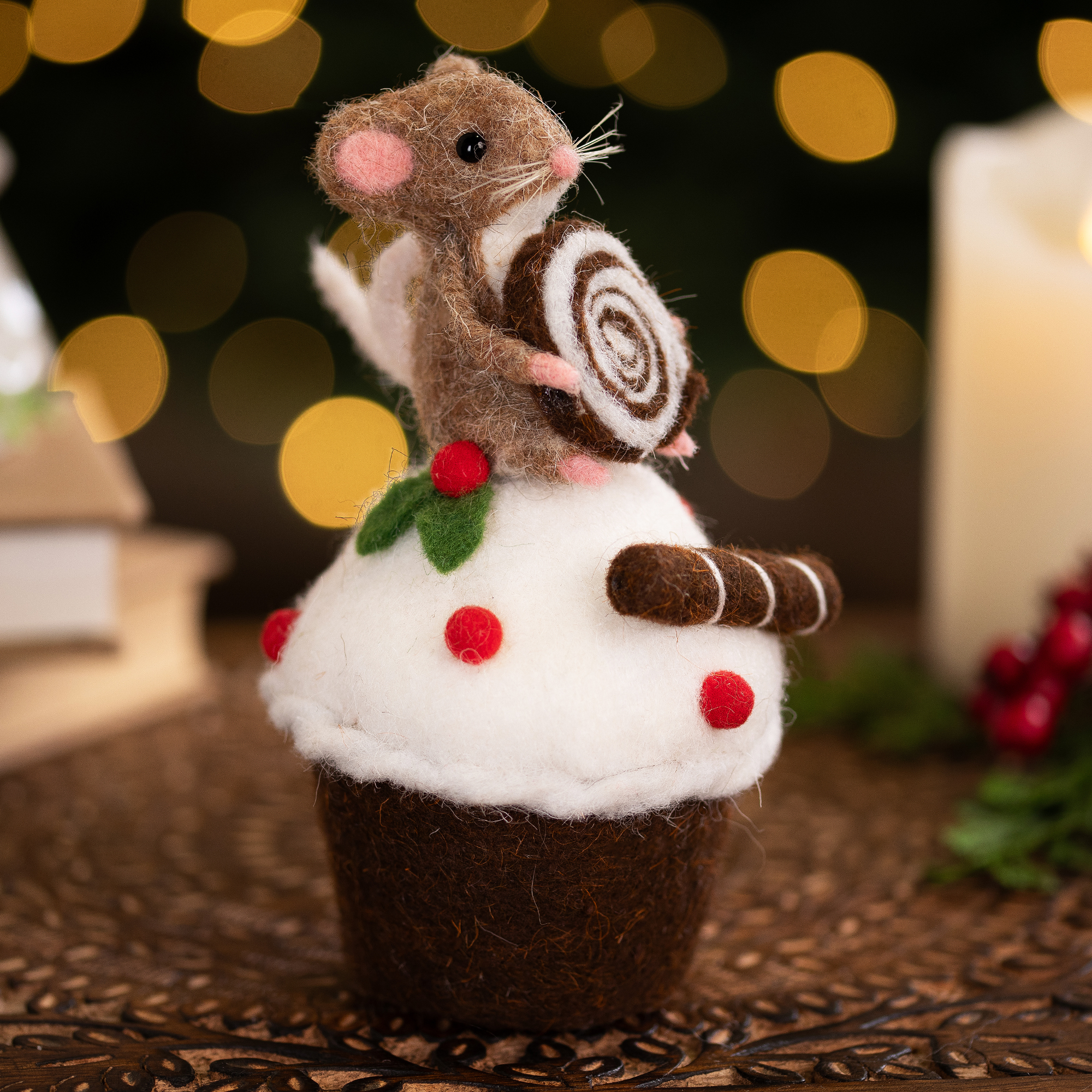 Mice with Cake and Candies Christmas Decorations - 7" - Brown and White - Set of 3