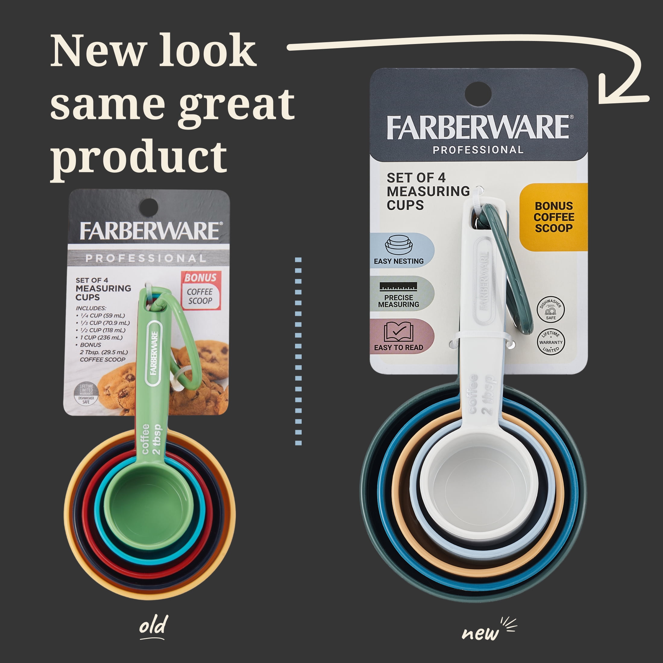 Farberware Professional Measuring Cup Set with Bonus Coffee Scoop, Assorted Colors