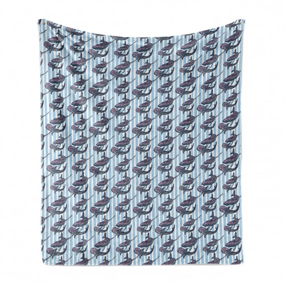 Whale Soft Flannel Fleece Blanket, Vertical Stripes Background with Hand Drawn Abstract Giant Marine Mammals, Cozy Plush for Indoor and Outdoor Use, 60" x 80", Lilac Baby Blue White, by Ambesonne