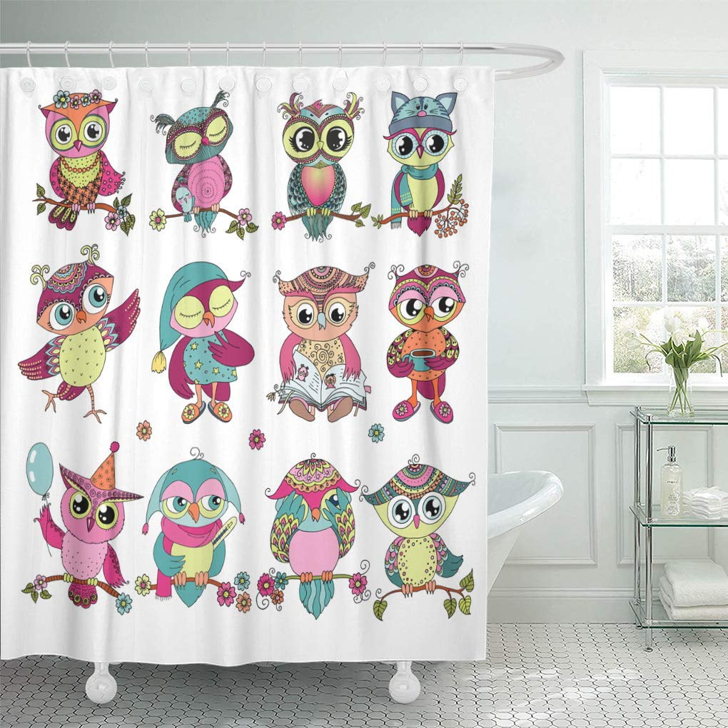 CYNLON 12 Cute Colorful Cartoon Owls Funny Birds Bathroom Decor Bath