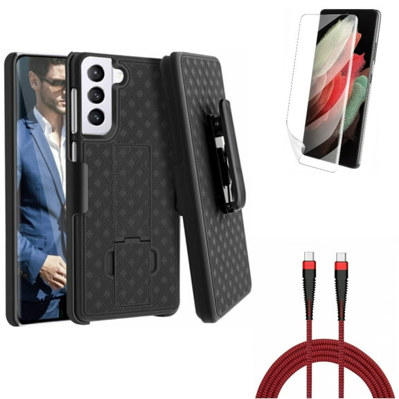 10ft PD Cable w Matte Screen Protector w Case Belt Clip for Samsung Galaxy S21 Plus - Type-C to USB-C Charger Cord, TPU Film Anti-Glare, Holster Swivel Accessory Bundle