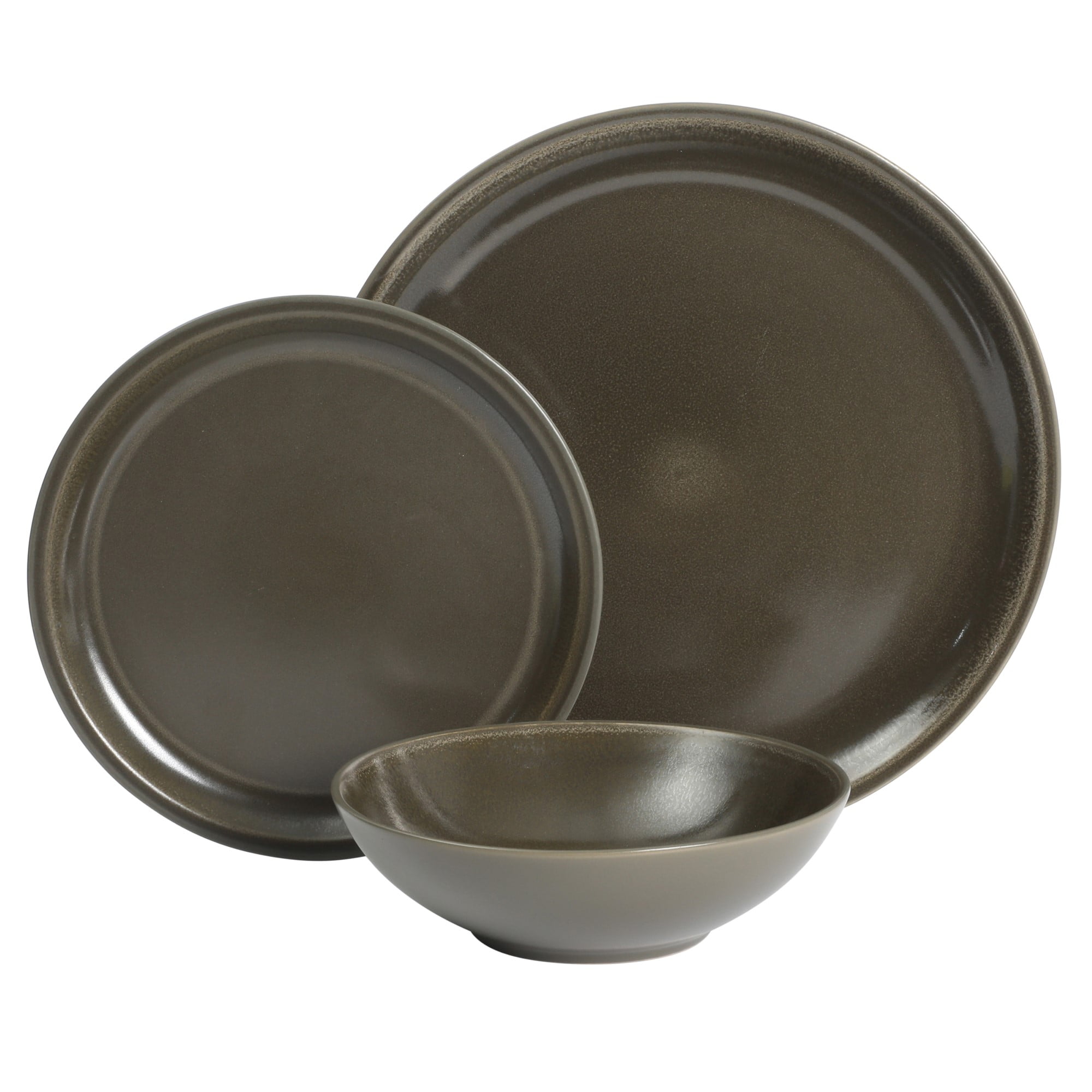 Gibson Elite 12 Piece Lakecrest Plates and Bowls Reactive Glaze Round Dishes Stoneware Ceramic Dinnerware Set - Dark Green