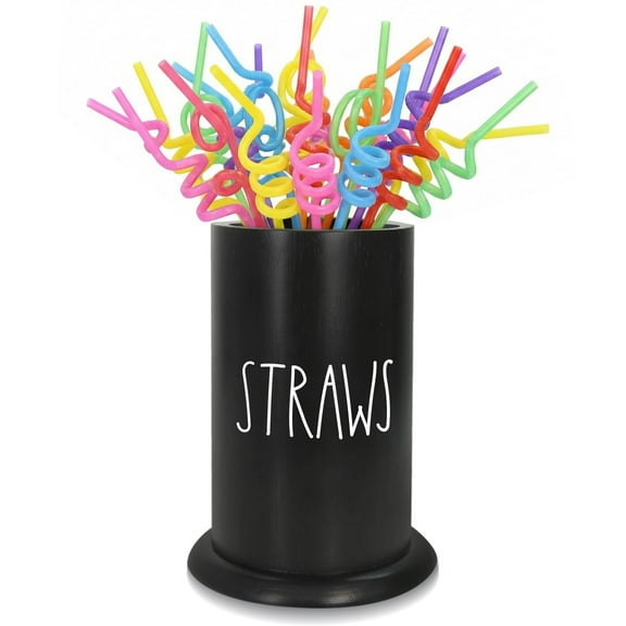 Straw Dispenser for Counter, Bamboo Straw Holder, Coffee Stirrers Holder for Farmhouse Decor, Coffee Bar Accessories and Organizer, Straw Organizer for Kitchen, Coffee Bar, Party (Black)