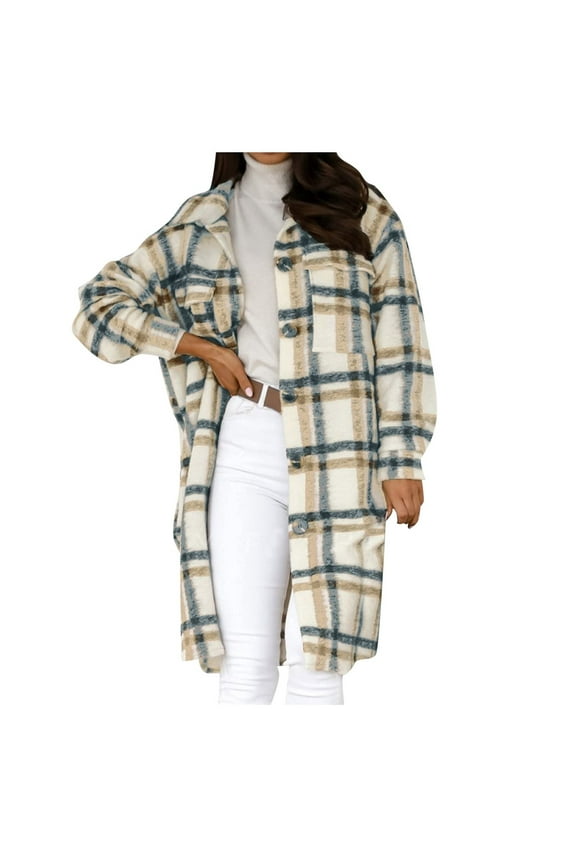 Winter Clearance 2023 Winter Coats for Women Plaid Long Wool Coat Shacket Jackets Long Sleeve Casual Boyfriend Flannel Shirts